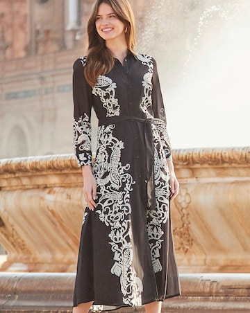 Sosandar Black& White Floral Print Belted Midi Shirt Dress