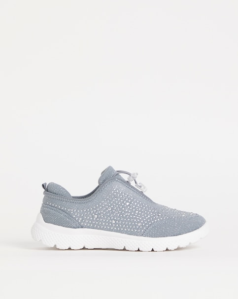 Cushion Walk Grey Glitter Crystal Toggle Trainers- Wide Fit (E)