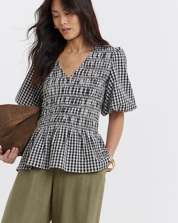 Shirred Gingham V Neck Peplum Blousey