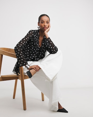 Black Spot Tie Detail Ruffle Blouse