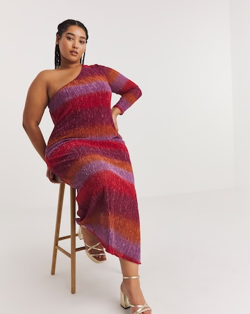 Multi Ombre Stripe Pleated Glitter Mesh One Shoulder Maxi Column Dress