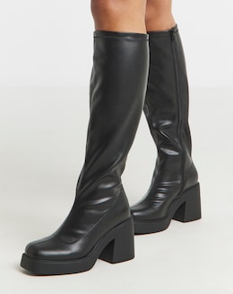 Charm Block Heel Stretch Sock Knee High Boots - Wide Fit (E) &amp; Curvy Calf