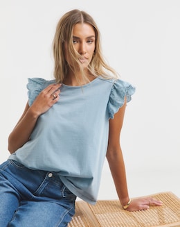 Simply Be Pale Blue Broderie Frill Sleeve Top with Tie