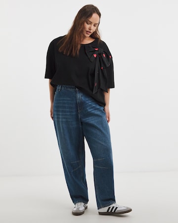 Simply Be Black Lips Print Satin Bow T-Shirt