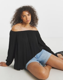 Simply Be Black Crinkle Long Sleeve  Bardot Top