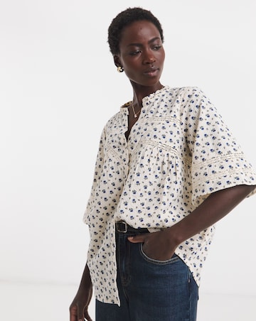 Printed Pure Cotton Seersucker Trim Short Sleeve Blouse