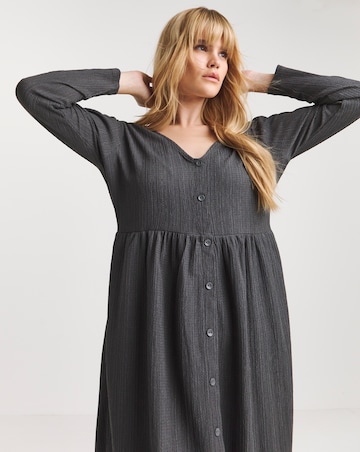 Charcoal Waffle Button Up Midi Dress With Pockets