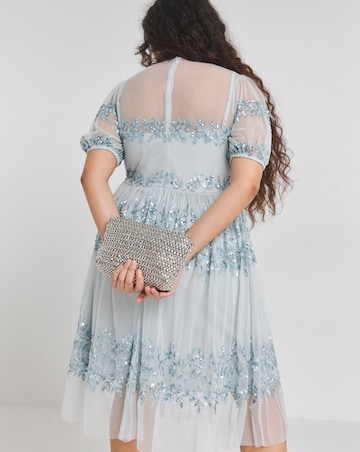 Maya Curve Puff Sleeve Stripe Sequin Embellished Tulle Midi Dress