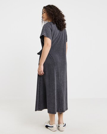 Grey Acid Wash Tie Side Midi Dress