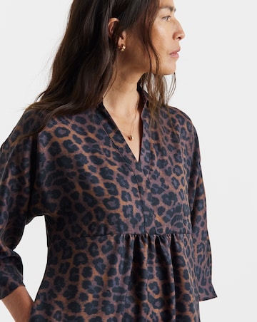 Collarless Placket 3/4 Sleeve Smock Dress