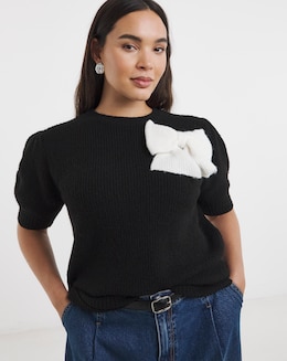 Simply Snug Black/Ivory Puff Sleeve Bow Applique Knitted Top