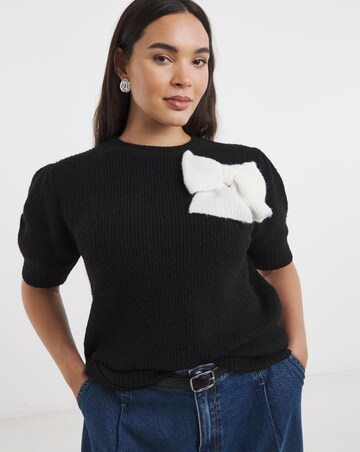Simply Snug Black/Ivory Puff Sleeve Bow Applique Knitted Top