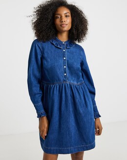 Mid Wash Frill Collar Denim Mini Dress
