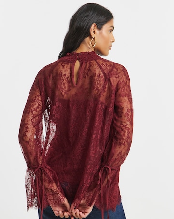 Burgundy Eyelash Lace Top With Sleeve Detail