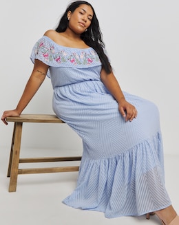 Blue Embroidered Tiered Bardot Maxi Dress