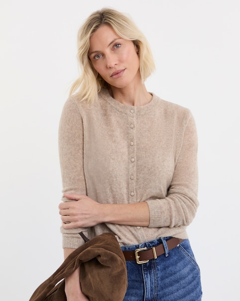 Oatmeal Fine Knit Crew Neck Cardigan