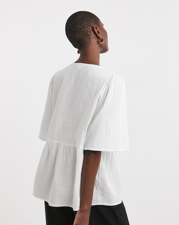 Trim Detail Pure Cotton Textured Short Sleeve Smock Top