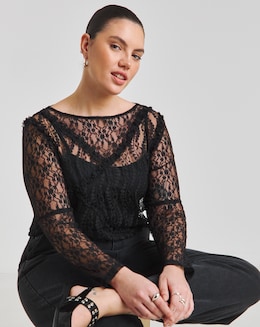 Simply Be Black Lace &amp; Mesh Ruffle Top