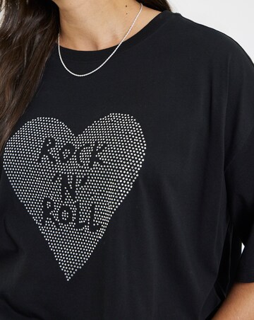 Simply Be Black Studded Rock & Roll Graphic Oversized T-Shirt
