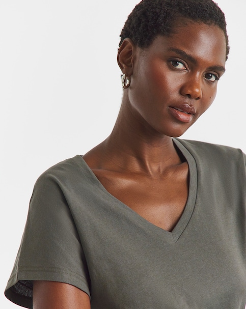 Khaki V-Neck Short Sleeve T-Shirt