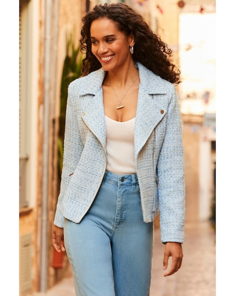 Sosandar Boucle Biker Jacket with Gold Zip