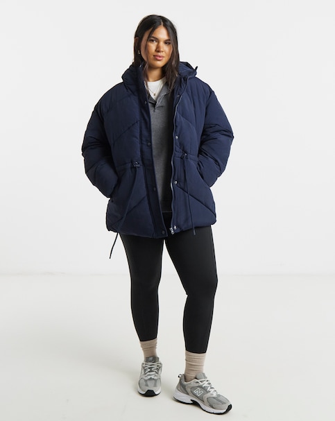 Navy Adjustable Waist Detail Hooded Padded Coat