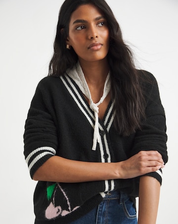 Simply Be Black Contrast Trim Cherry Slogan Cardigan