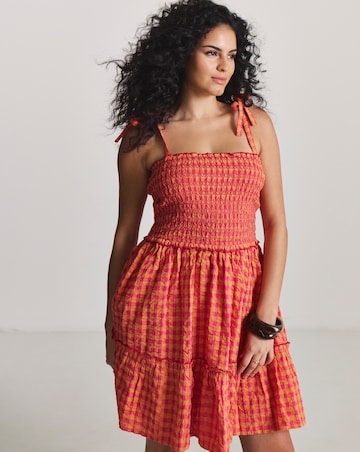 Pink Gingham Shirred Mini Beach Dress