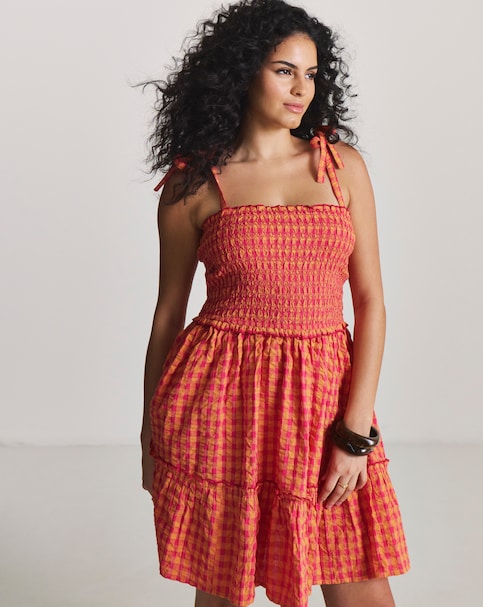 Orange And Pink Cotton Gingham Shirred Mini Beach Dress