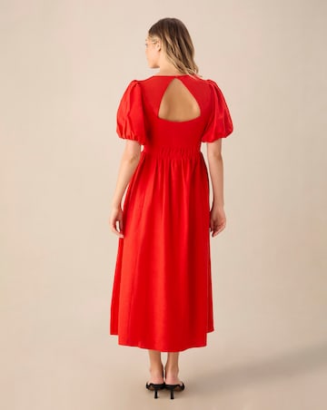 Ro&Zo Linen Blend Puff Sleeve V Neck Midi Dress