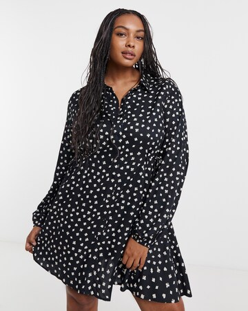 Black Print Midi Shirt Dress