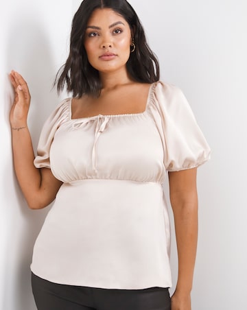 Blush Pink Puff Sleeve Milkmaid Satin Blouse