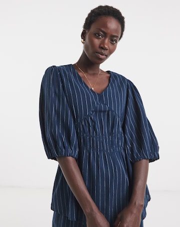 Striped Shirred Seam Puff Sleeve Top