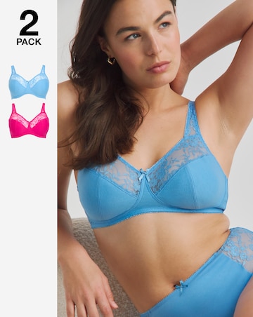 Pretty Secrets (2 Pack) Cotton Lace Non Wired Full Cup Bras (B-G) Pink/Blue