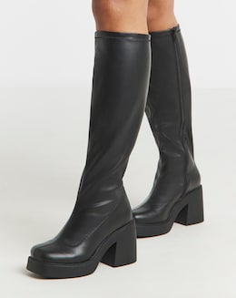 Charm Block Heel Stretch Sock Knee High Boots - Wide Fit (E) &amp; Curvy Calf