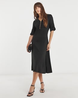 Soft Touch Jersey Rouched Zip Front Midi Dress