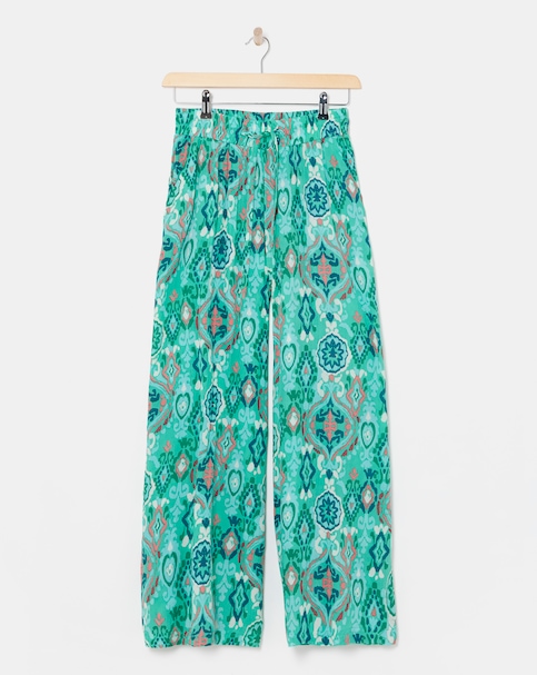 Turquoise Print Crinkle Palazzo Trousers