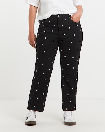 Simply Be Mono Embroidered Spot Denim Straight Leg Jeans
