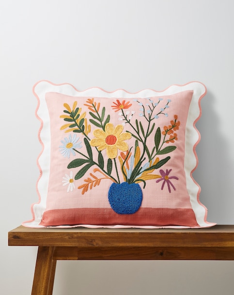 Lynn Embroidered Floral Vase Cushion with Scalloped Edges