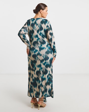 Blur Print Mesh Ruched Buckle Detail Midi Dress