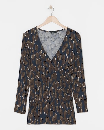 Print Ruched Sides V Neck Long Sleeve Top