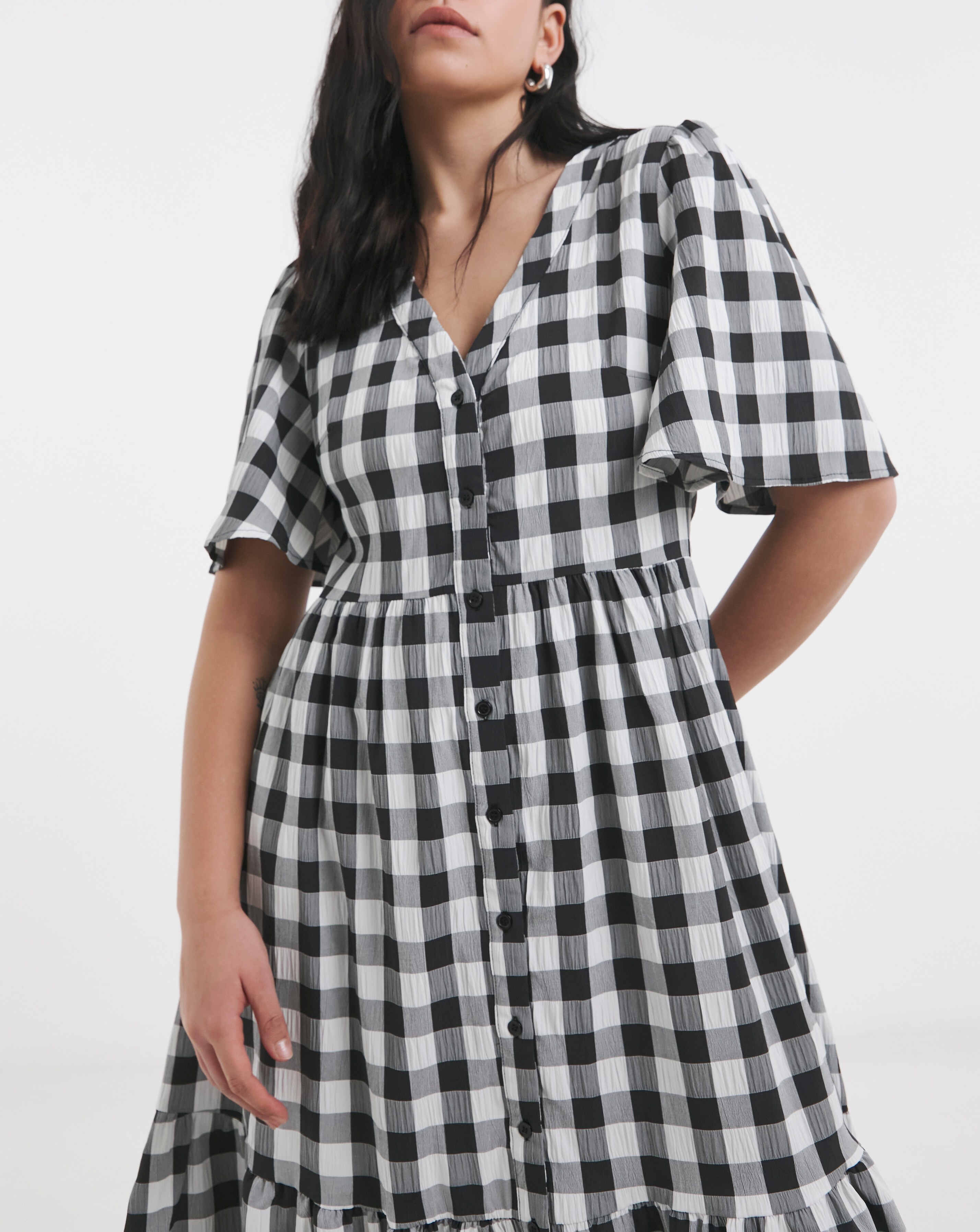 Simply Be Mono Check Gingham Button Up Midi Dress | Fashion World