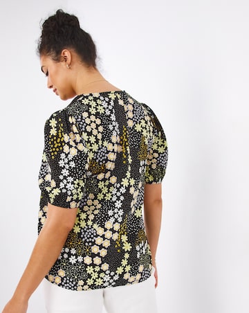 Mix Floral Lace Insert V-Neck Button Through Short Sleeve Blouse