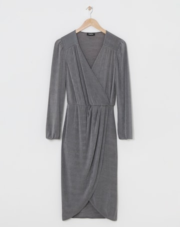 Silver Grey Slinky Wrap Front Midi Dress