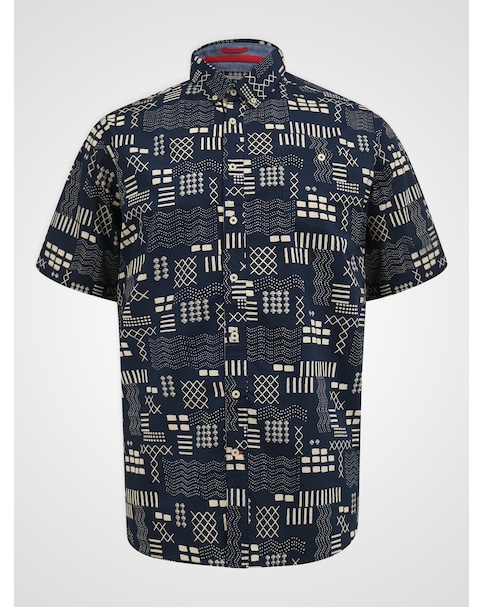 D555 Rick Navy Geometric AO Print Short Sleeve Button Down Collar Shirt