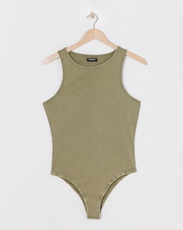 Khaki Acid Wash Ribbed Bodysuit