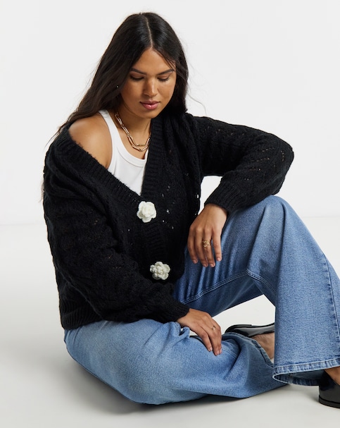 Simply Be Black Pointelle Flower Button Cardigan