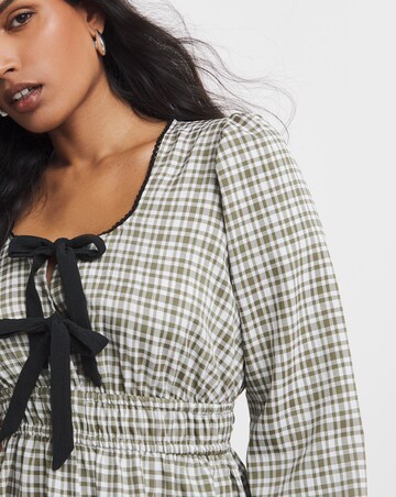 Khaki Check Bow Front Detail Midaxi Dress