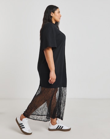 Black 2 in 1 T-Shirt Dress With Lace Midi Skirt