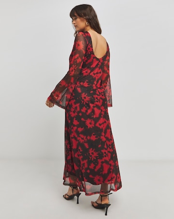 Red Blur Printed Long Sleeve Scoop Back Mesh Maxi Dress